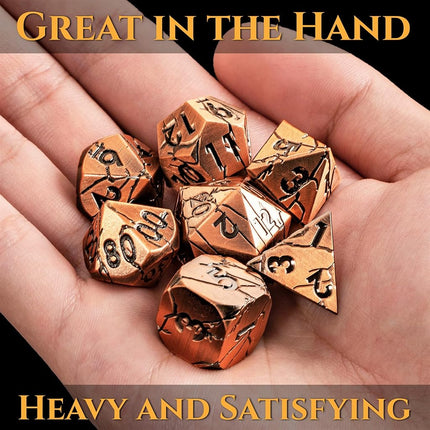 DND Metal Dice - Archaic Ruins Cracked Metal Dice - Copper Polyhedral Dice Set for RPG D&D MTG Pathfinder and More - Beautifully Detailed Dungeons and Dragons Dice Set