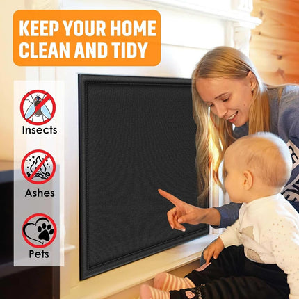 Magnetic Fireplace Cover, Fireplace Blocker Blanket, Draft Stopper with 12 Magnets, Heat Loss Prevention, Adjustable Black Indoor Iron Frame 39" W x 32" H