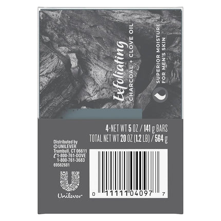 Dove Men + Care Natural Essential Oil Bar Soap to Clean and Hydrate Men's Skin Exfoliating Charcoal + Clove Oil 4-in-1 Bar Soap for Men's Body, Hair, Face and Shave 141 g 4 count