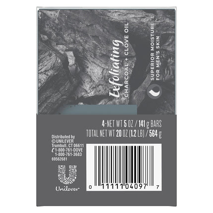Dove Men + Care Jabón en Barra de Aceites Esenciales Naturales para Limpiar e Hidratar la Piel Masculina Carbón Exfoliante + Aceite de Clavo Jabón en Barra 4 en 1 para Cuerpo, Cabello, Rostro y Afeitado Masculino 141 g 4 unidades