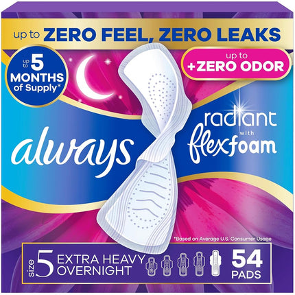 Always Radiant Feminine Pads for Women, Flexfoam Pads with Wings, Size 5, Extra Heavy Overnight Absorbency, Lightly Scented, 54 Count (3 Packs of 18)