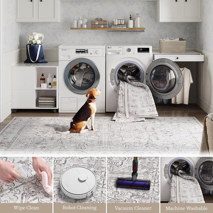 JINCHAN Antibacterial Runner Rug Washable Bohemian Hallway Rug 61x152CM Taupe Floral Thin Kitchen Mat Non Slip Carpet for Bathroom Kids Nursey Entryway Laundry Room Bedroom
