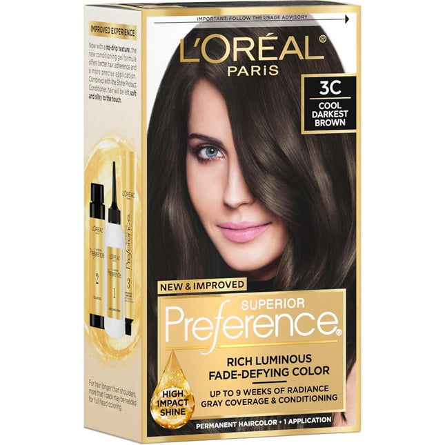 L’ Oreal Paris Superior Preference Fade-Defying + Shine Permanent Hair Color, 3C Cool Darkest Brown, Pack of 1, Hair Dye