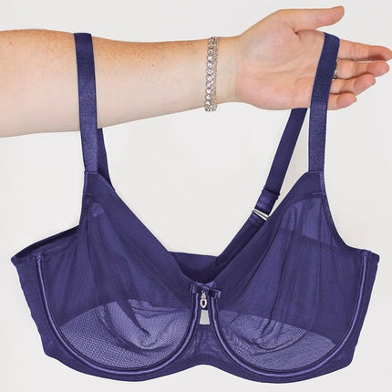 Curvy Couture Women's Sheer Unlined Underwire Plunge Bra, Vintage Blue, 34H US