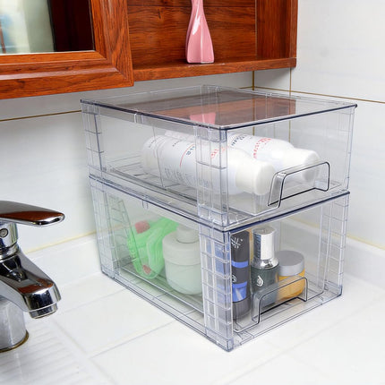 XWYWX Medium Clear Stackable Storage Drawers (2 Pack), High-strength Acrylic Organizer Bins with Handles, Plastic Drawers for Fridge Bathroom Cabinet Closet Undersink Pantry Kitchen Makeup Storage
