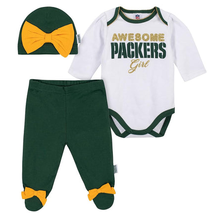 Gerber NFL Green Bay Packers 3 Pack Bodysuit Footed Pant and Cap Registry Gift Set, Green/White Green Bay Packers, 6-9M