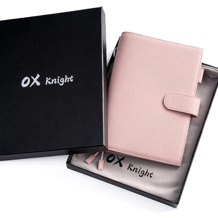 Ox Knight A5 Leather Planner Cover for Hobonichi Cousin, Stalogy, Midori, Leuchtturm1917, and More - with Pen Loop, Card Slots, Back Pocket, and Bookmarks (Pink)