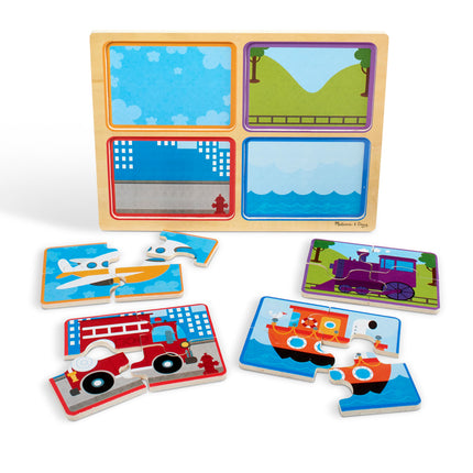 MELARQT Melissa & Doug Jouet en bois en bois naturel : À vos marques, prêts, partez (Quatre puzzles de véhicules de 4 pièces)