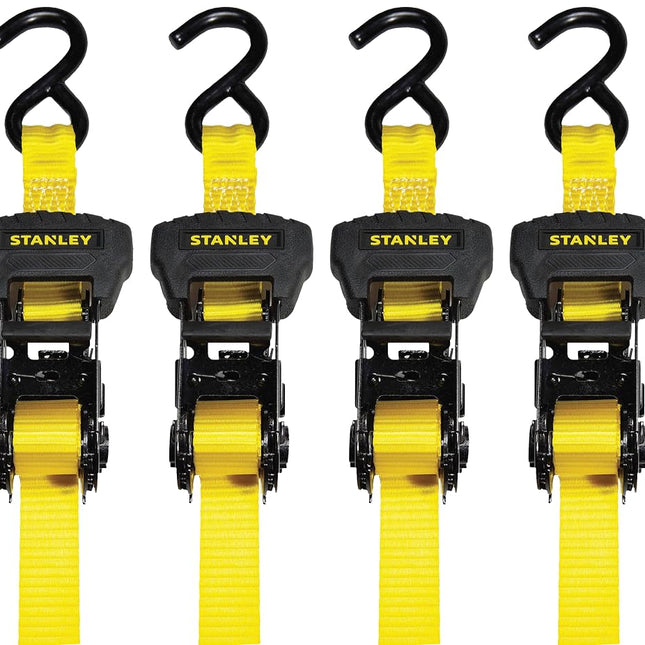 Stanley S1006 Black/Yellow 1" x 14' Ratchet Tie Down Straps - Medium Cargo Securing (3,000 lbs Break Strength), 4 Pack
