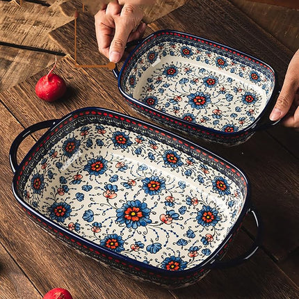 Bicuzat Vintage Style Pottery Bakeware Ceramic Casserole Dish Baking Pan Lasagna Pans Baking Dish with Handles for Oven/Cooking/Kitchen-1 PCS, Large Capacity, 60 OZ