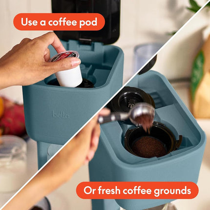 Bella – Cafetière à dosette individuelle, compatible avec les dosettes K-Cup et le café moulu, avec accessoires amovibles, réglables, réutilisables et lavables au lave-vaisselle, arrêt automatique, infuse de 17 cl à