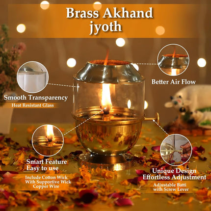 4OUR Faith Brass Akhand Jyot Diya with Glass Cover & Adjustable Wick