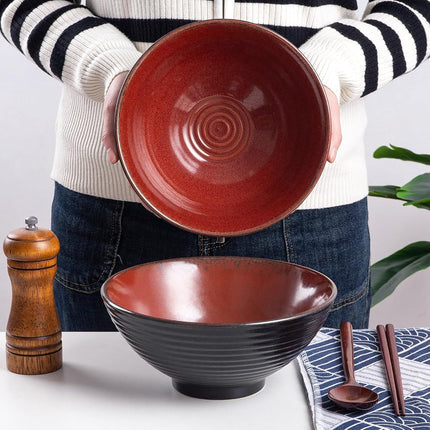 HOKELER Ceramic Japanese Ramen Bowl Set, 2 Sets Asian Pho Udon Soup Noodle Bowls with Spoons and Chopsticks (Red, 8 inches)