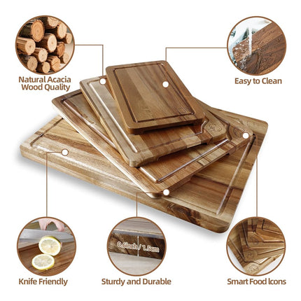 TJ POP Acacia Wood Chopping Board Set of 4, Wooden Chopping Boards with Food Symbols for Kitchen, Charcuterie Board for Meat, Vegetables, Fruits, Cheese