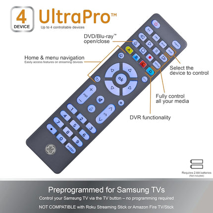 GE Backlit Universal Remote Control for Samsung, Vizio, LG, Sony, Sharp, Roku, Apple TV, TCL, Panasonic, Smart TV, Streaming Players, Blu-Ray, DVD, Simple Setup, 4-Device, Graphite, 48848