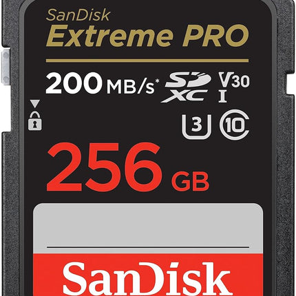 SANDISK Extreme PRO SDXC card 256GB (SD card, up to 200MB/s, V30 Memory Card, 4K UHD, SANDISK QuickFlow Technology, RescuePro Deluxe Data Recovery Software, UHS-I, Class 10, U3, V30)