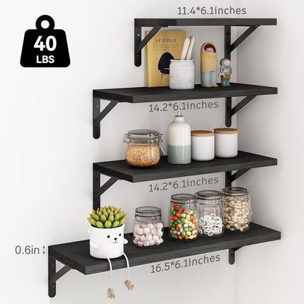 YGEOMER Wall Shelves, Black Floating Shelves Different Sizes for Living Room, Bathroom, Bedroom, Kitchen, Home Decor (Set of 4)