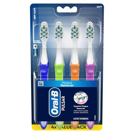 Oral-B Toothbrush, Vibrating Plaque Remover Pulsar, Vibrating Battery Toothbrush, Soft, 4 Count