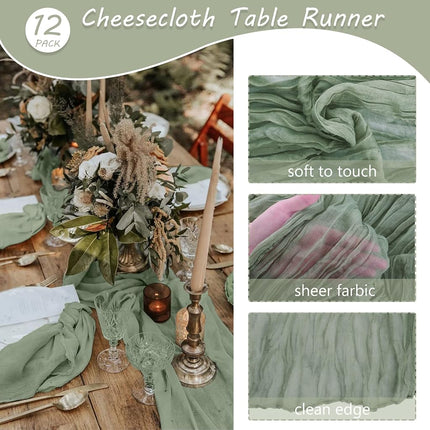 12 Pack 10Ft Cheesecloth Table Runner 35x120 Inch Boho Gauze Long Romantic Runner for Wedding, Bridal Shower, Birthday Party Decor (Dusty Sage Green)