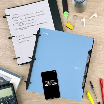 Classeur souple rechargeable 3 anneaux Five Star Flex + application d'étude, papier ligné, anneaux TechLock de 2,5 cm, poches, onglets et séparateurs, capacité de 200 feuilles, bleu (29328AD2)