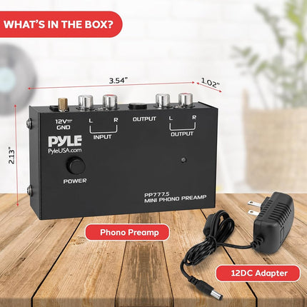 Pyle Phono Turntable Preamp - Mini Audio Stereo Phonograph Preamplifier with RCA Inputs & Outputs, Low Noise Operation, 12V DC Adapter Powered, Compatible with Turntables, Receivers, Speakers & More
