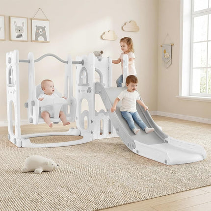 OLAKIDS Toddler Slide and Swing Set, 7 in 1 Kids Indoor Outdoor Playground with Climber Basketball Hoop Telescope Toy Storage for Boys Girls Aged 1+