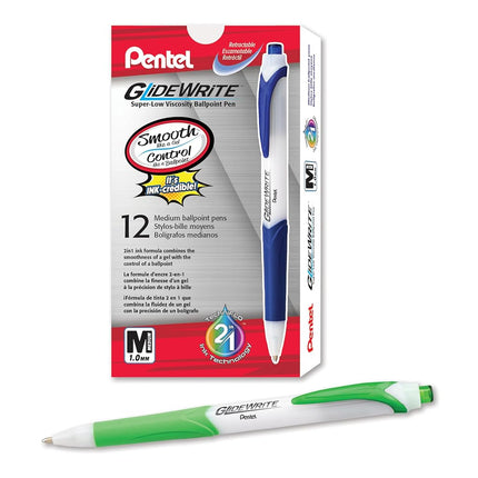 Pentel GlideWrite Ballpoint Pen with TechniFlo Ink, (1.0mm) Medium Line, Lime Green Ink, Box of 12 Pens (BX910-K)