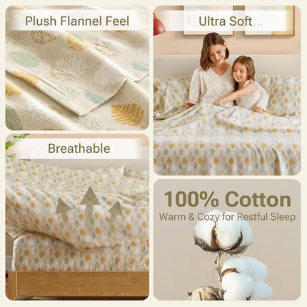 SLEEP PHILOSOPHY True North by Cozy Flannel 100% Cotton Ultra Soft Cold Weather Sheet Set Bedding, King, Multi Leaves 4 Piece