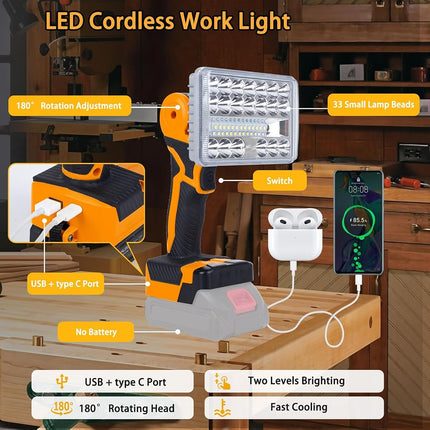 Cordless LED Work Light Compatible with DeWalt 20V Battery Battery, Portable Flashlight Lamp with Charging Phone for Auto Repair Outdoor Construction Job Sites (Tool Only, Not Made by DeWalt)