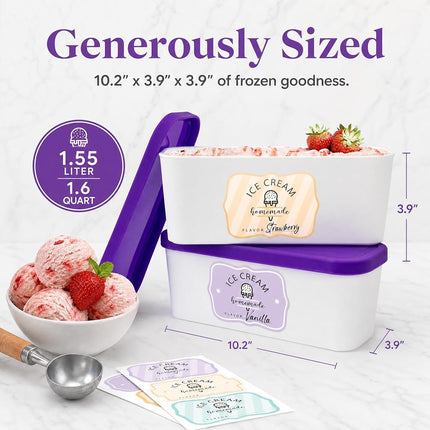 ZICOTO Set of 2 Reusable Ice Cream Tub Containers 1.6 Quart Ea. - Perfect for Homemade Sorbet, Frozen Yogurt Or Gelato - Stackable Storage Containers, Stickers And Lids Stores Easily In Freezer