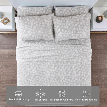 Comfort Spaces Cotton Flannel Breathable Warm Deep Pocket Sheets with Pillow Case Bedding, Cal King, Grey Snowflakes 4 Piece