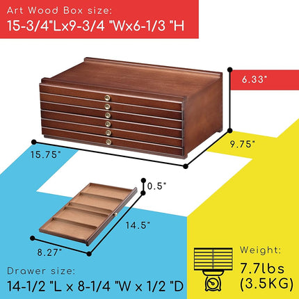 MEEDEN 6-Drawer Art Supply Storage Box - Large Capacity Multi-Function Beech-Wood Pencil Box with Drawer & Compartments for Organizing Pastels, Pencils, Pens, Markers, Brushes & Stamp, Walnut