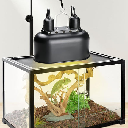 Simple Deluxe Reptile Lamp Fixture Aluminum Dome Light Dual Deep Cap Integration Design Heat-Lighting Lamp Double Sockets Bulbs Holder with Independent Switches, for Amphibians Terrarium, Turtle Tank