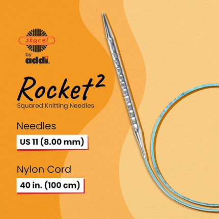 skacel by addi Rocket 2 (Squared) Circular Knitting Needles, Fixed 40 Inch (100 cm) Plated Brass Tips with Flexible Nylon Cord, 8 mm (US Size 11)