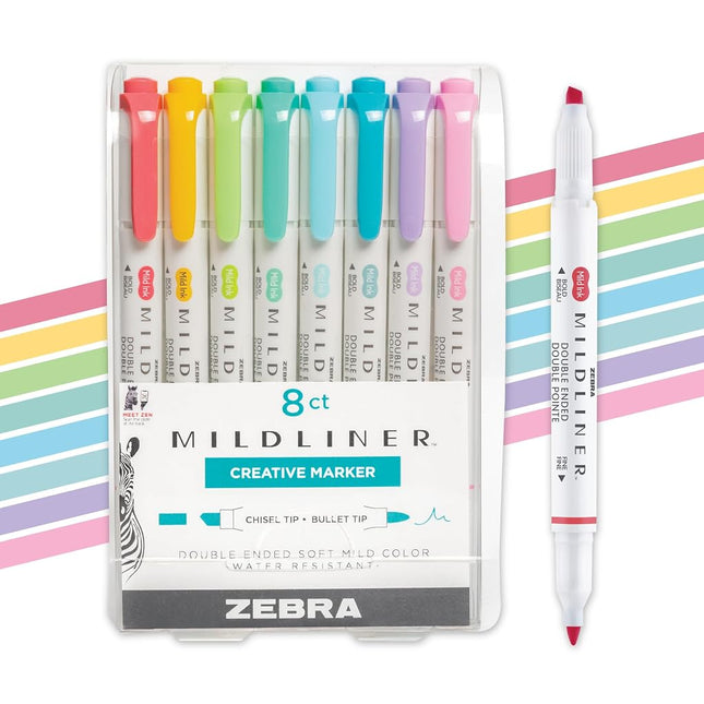Zebra Pen Mildliner Double Ended Highlighter Set, Broad and Fine Point Tips, Assorted Ink Planner Colors, 8-Pack