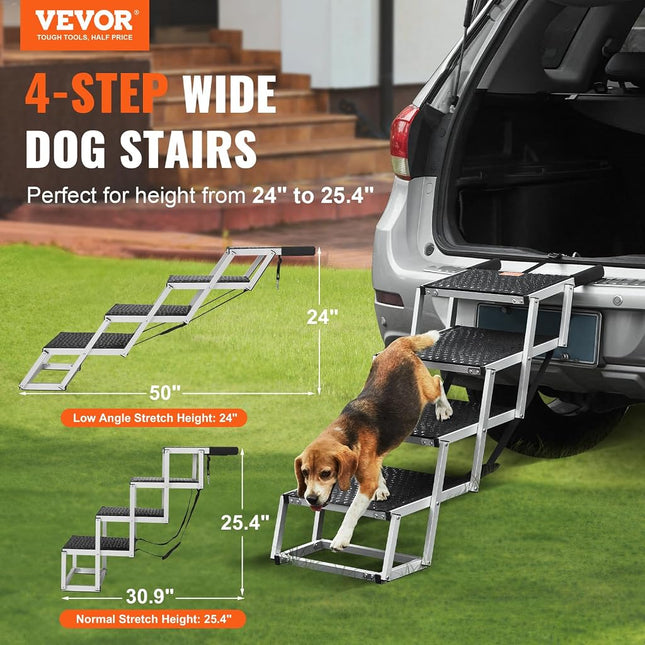 VEVOR Dog Stair for Cars, Wide 4-Step Car Ramp With Nonslip Surface, Portable Pet Steps, Lightweight Aluminum for SUV and Truck, Supports up to 68.1kg