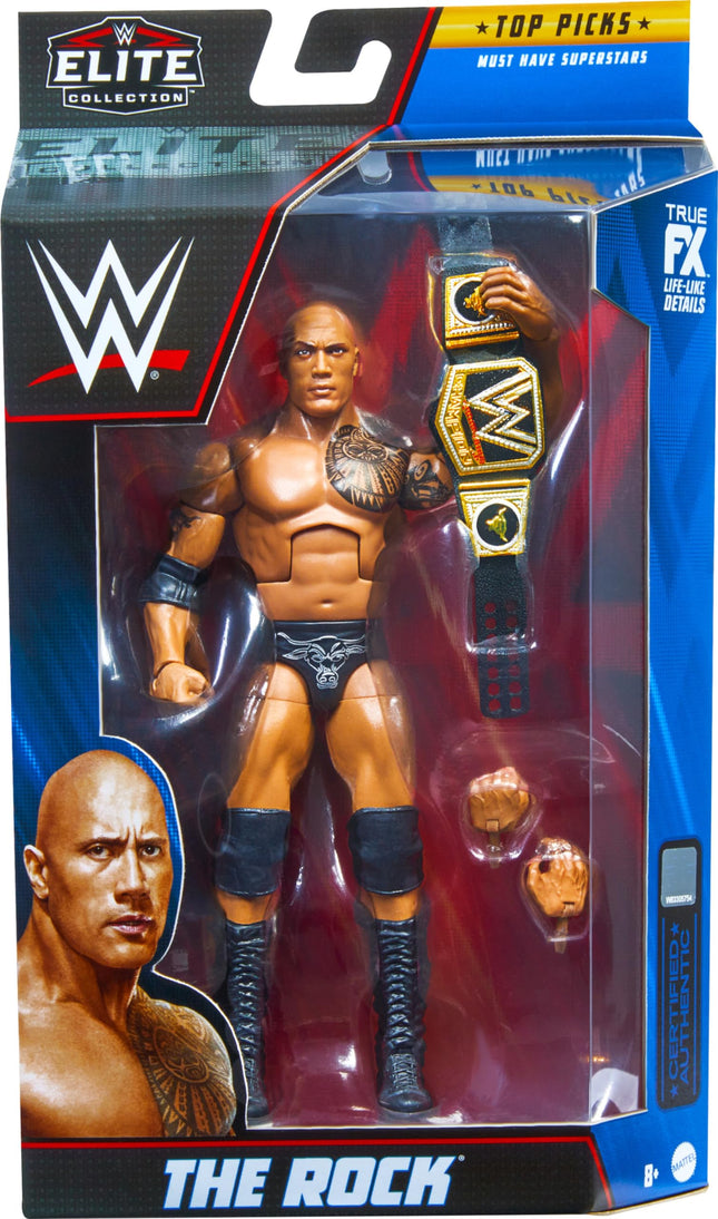 Mattel WWE The Rock Top Picks Elite Collection Figura de acción, articulación y detalles realistas, accesorios intercambiables, 15 cm