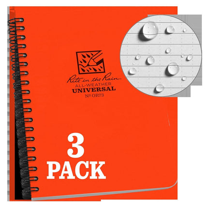 Rite in the Rain Weatherproof Side Spiral Notebook, 4.625" x 7", Orange Cover, Universal Pattern, 3 Pack (No. OR73L3)