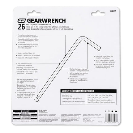 GearWrench 83505 Hex Key Set SAE/Metric Ball End Long Arm, 26 Piece