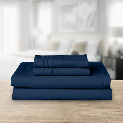 Elegant Comfort Luxurious 1500 Premium Hotel Quality Microfiber Three Line Embroidered Softest 4-Piece Bed Sheet Set, Wrinkle and Fade Resistant, King, Navy Blue