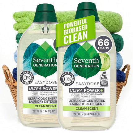 Seventh Generation Detergente para ropa Ultra Concentrado Aroma Limpio oz Paquete de 2 132 Cargas, Transparente, Power Plus, 23.1 Onzas