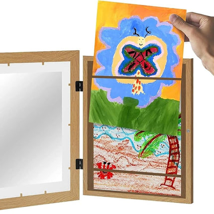 Americanflat Kids Artwork Display Frame Changeable (Dark Oak) - Magnetic Door Holds 100 Art Pieces - A4 Size Display with Mount or 10x12.5 Without Mount - My Mini Masterpiece