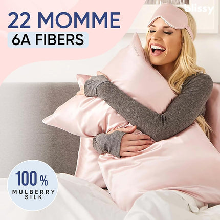 Blissy Silk Pillowcase - 100% Pure Mulberry Silk - 22 Momme 6A High-Grade Fibers - Satin Pillowcase for Hair & Skin - Regular, Queen & King Size Silk Pillow Case with Hidden Zipper - Moisture Wicking