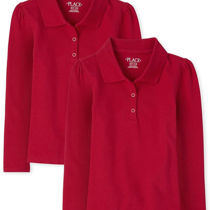 The Children's Place Girls' Long Sleeve Pique Polo 2 Pack, Ruby 2-pack, Small
