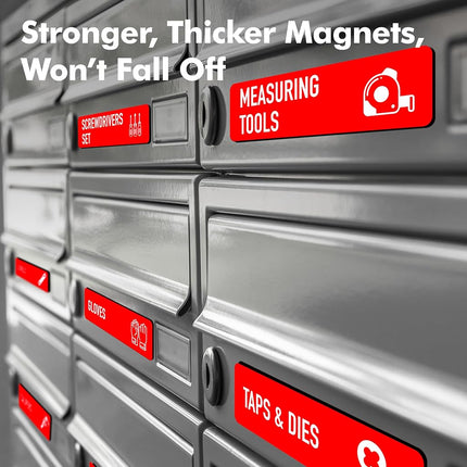 Pack of 90 Magnetic Toolbox Labels, 82 Premade & 8 Empty, Large Tool Box Organiser Labels, Strong Magnetic Force & Easy to Read for All Toolboxes, Drawers (Red)