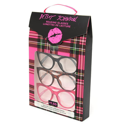Betsey Johnson Lunettes de lecture lot de 3 à carreaux pour femme, noir, écaille de tortue, magenta, 1.5X