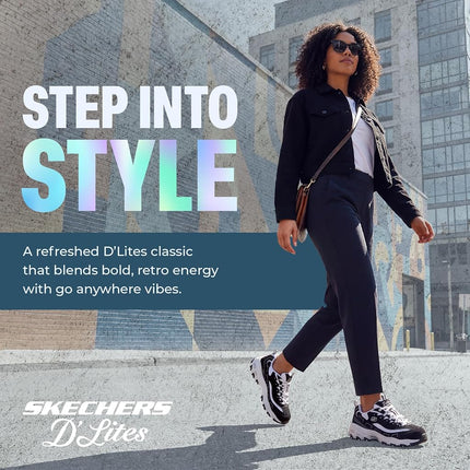 Skechers Women's D'lites-biggest Fan Trainers, Black Trubuck/ White Mesh/ Silver Trim, 2 UK