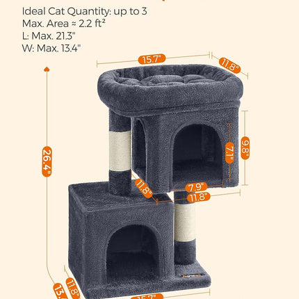 Feandrea Cat Tree Tower, 67 cm, S, Condo for Kittens up to 7 lb, Large Perch, 2 Caves, Scratching Post, Smoky Gray UPCT611G01
