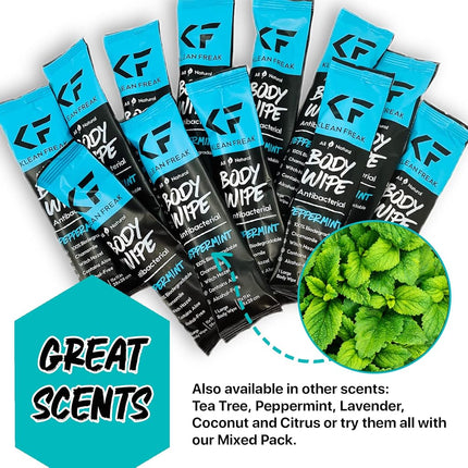 The Klean Freak Body Wipes - 12 count Individually Wrapped | Showerless Body Wipe for Women & Men | Sustainable Bodywipes for Gym, Travel, Camping | Peppermint