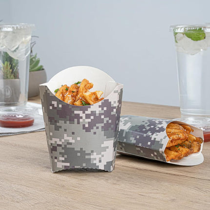 Bio Tek 3.9 x 2.6 x 3.5 Inch French Fry Cup, 100 Disposable Snack Cups - Stackable, Sustainable, Camouflage Paper 2 Ounce Fry Holder, For Fries, Onion Rings, Popcorn, or Cookies - Restaurantware